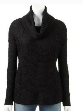Sonoma Sweater Womens XL Cable Knit Black Lurex Accents Long Sleeve Cowlneck